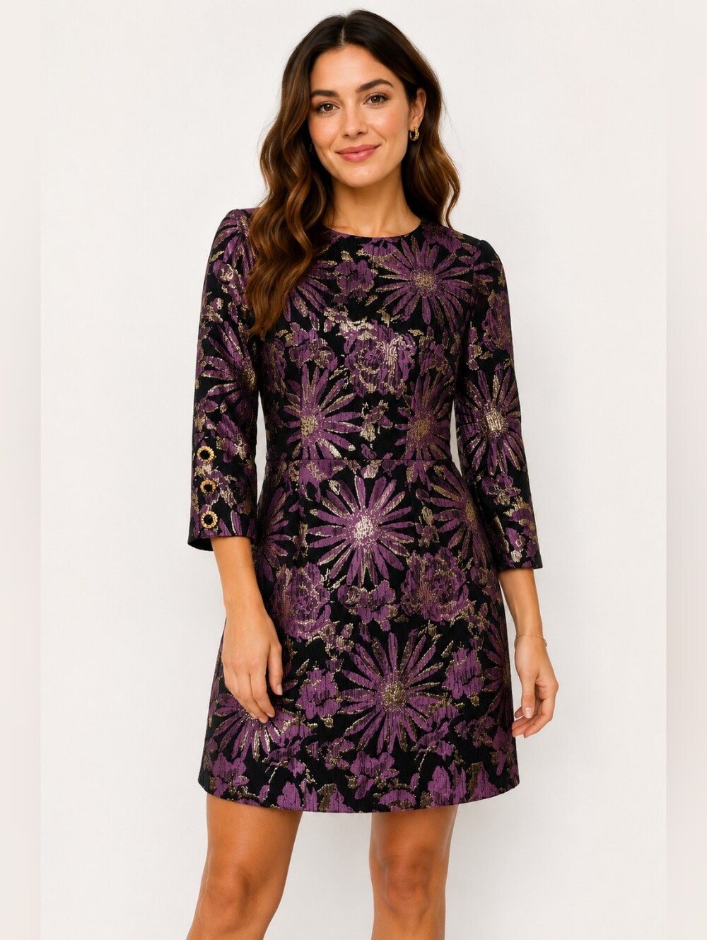Trina Turk Metallic Floral Jacquard Dress Purple Black Gold Size 6